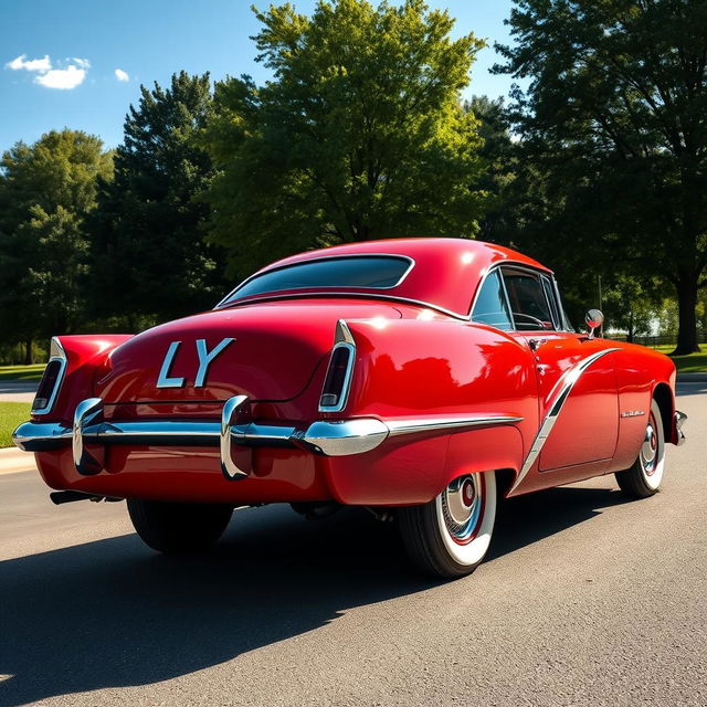 A fully detailed classic car showcasing the entire vehicle with a prominent flat 'LY' logo displayed on its side