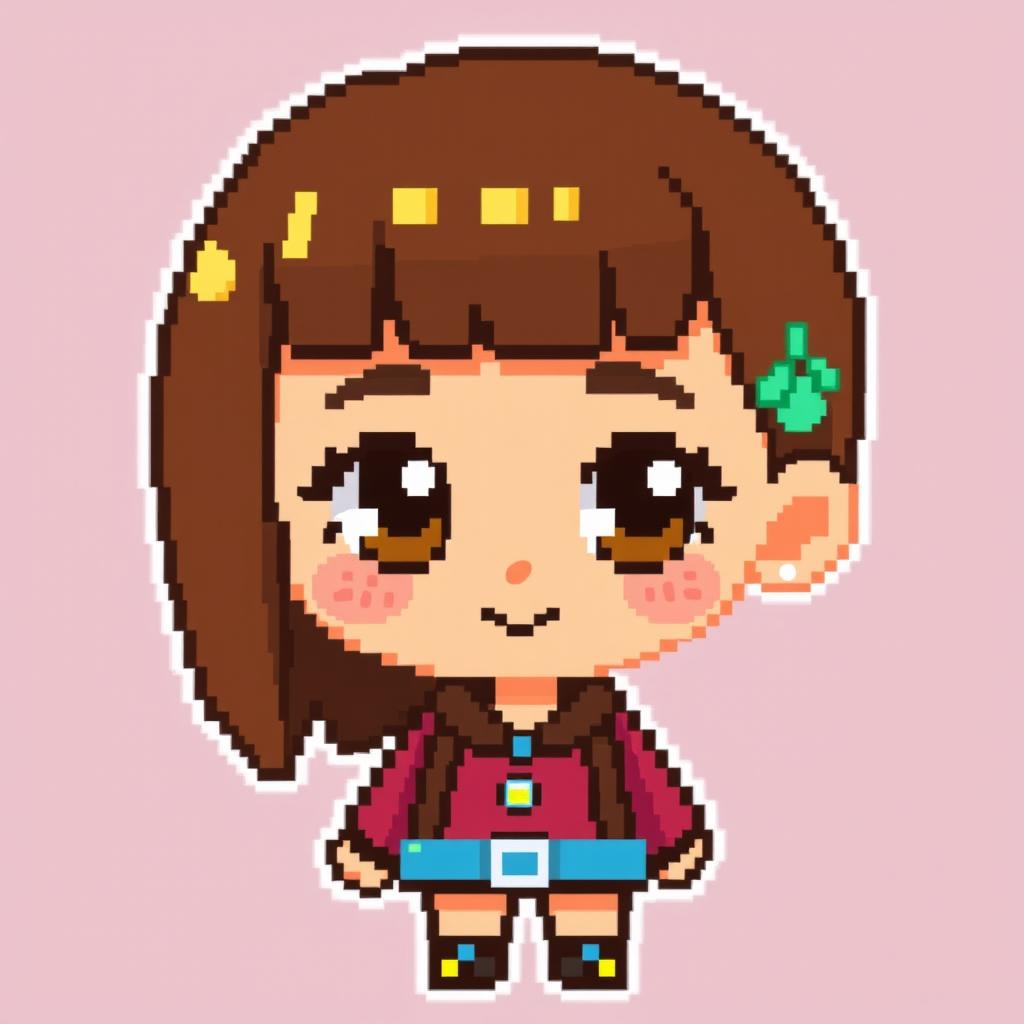 A charming pixel art character of a girl with brown hair, brown eyes, and tan skin