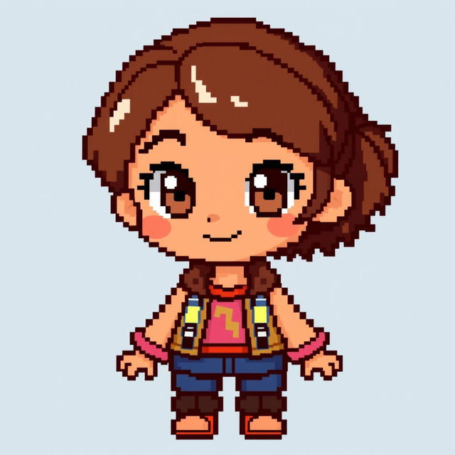 A charming pixel art character of a girl with brown hair, brown eyes, and tan skin