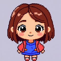 A charming pixel art character of a girl with brown hair, brown eyes, and tan skin