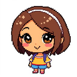 A charming pixel art character of a girl with brown hair, brown eyes, and tan skin
