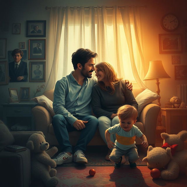 An emotionally charged scene capturing the intricate themes of love, identity, regret, and societal expectations in the lives of Hugh and Sarah, accompanied by their two-year-old son