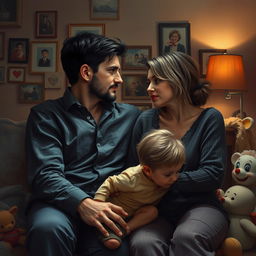An emotionally charged scene capturing the intricate themes of love, identity, regret, and societal expectations in the lives of Hugh and Sarah, accompanied by their two-year-old son