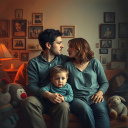 An emotionally charged scene capturing the intricate themes of love, identity, regret, and societal expectations in the lives of Hugh and Sarah, accompanied by their two-year-old son