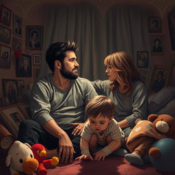 An emotionally charged scene capturing the intricate themes of love, identity, regret, and societal expectations in the lives of Hugh and Sarah, accompanied by their two-year-old son