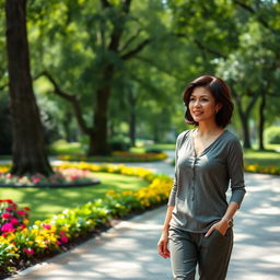 A beautiful Colombian woman aged between 40 and 45, with a fashionable hairstyle, walking gracefully in a park