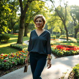 A beautiful Colombian woman aged between 40 and 45, with a fashionable hairstyle, walking gracefully in a park
