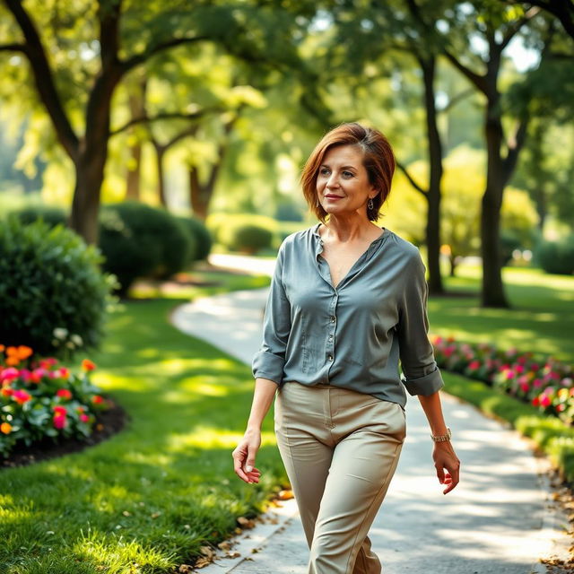 A beautiful Colombian woman aged between 40 and 45, with a fashionable hairstyle, walking gracefully in a park