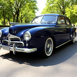 A classic car featuring a sleek and elegant design, showcasing the flat LY logo prominently displayed on the body