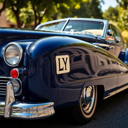 A classic car featuring a sleek and elegant design, showcasing the flat LY logo prominently displayed on the body