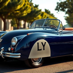 A classic car featuring a sleek and elegant design, showcasing the flat LY logo prominently displayed on the body