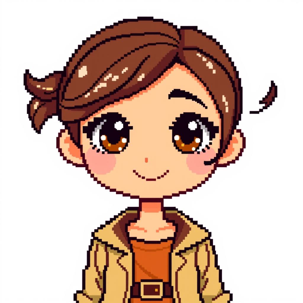 A delightful pixel art character of a girl with brown hair, brown eyes, and tan skin