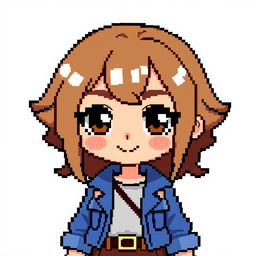 A delightful pixel art character of a girl with brown hair, brown eyes, and tan skin