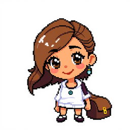 A delightful pixel art character of a girl with brown hair, brown eyes, and tan skin