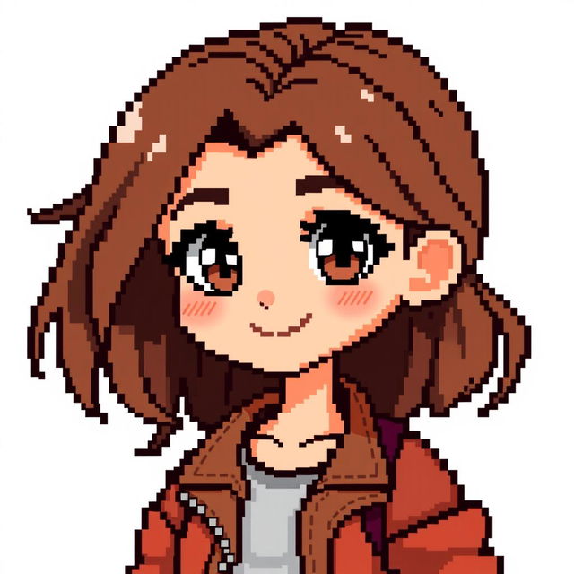 A delightful pixel art character of a girl with brown hair, brown eyes, and tan skin