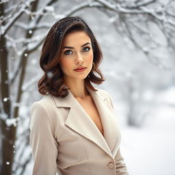 A 35-year-old woman with dark chestnut shoulder-length hair styled in soft curls, captivating green eyes, and radiant fair skin