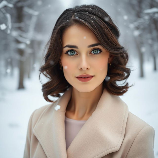 A 35-year-old woman with dark chestnut shoulder-length hair styled in soft curls, captivating green eyes, and radiant fair skin