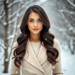 A 35-year-old woman with dark chestnut shoulder-length hair styled in soft curls, captivating green eyes, and radiant fair skin