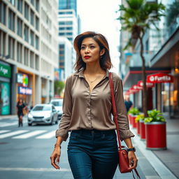 A beautiful Colombian woman aged between 40 and 45, with a fashionable hairstyle, walking gracefully through a city