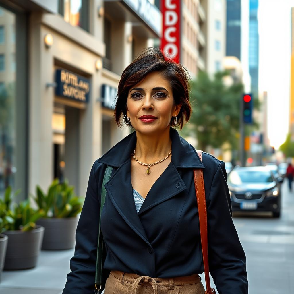 A beautiful Colombian woman aged between 40 and 45, with a fashionable hairstyle, walking gracefully through a city