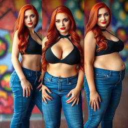 A series of three full-length photos showcasing a beautiful, sexy, curvy woman with long flame red hair and vibrant, striking makeup