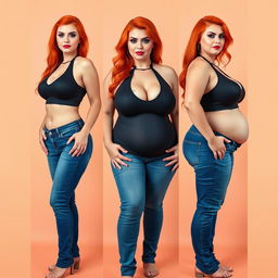 A series of three full-length photos showcasing a beautiful, sexy, curvy woman with long flame red hair and vibrant, striking makeup