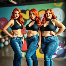 A series of three full-length photos showcasing a beautiful, sexy, curvy woman with long flame red hair and vibrant, striking makeup