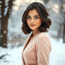 A 35-year-old woman with dark chestnut shoulder-length hair styled in soft curls, captivating green eyes, and radiant fair skin
