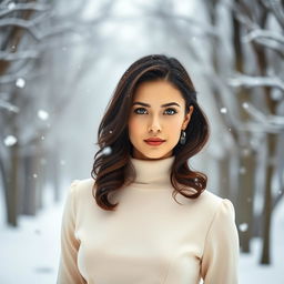 A 35-year-old woman with dark chestnut shoulder-length hair styled in soft curls, captivating green eyes, and radiant fair skin