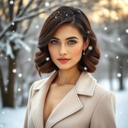 A 35-year-old woman with dark chestnut shoulder-length hair styled in soft curls, captivating green eyes, and radiant fair skin
