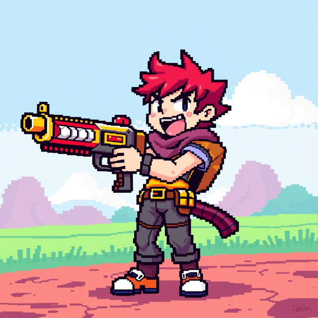 An engaging pixel art scene of a character holding a pixelated gun