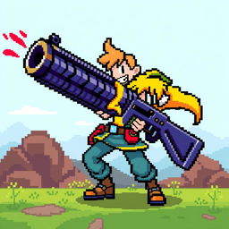 An engaging pixel art scene of a character holding a pixelated gun