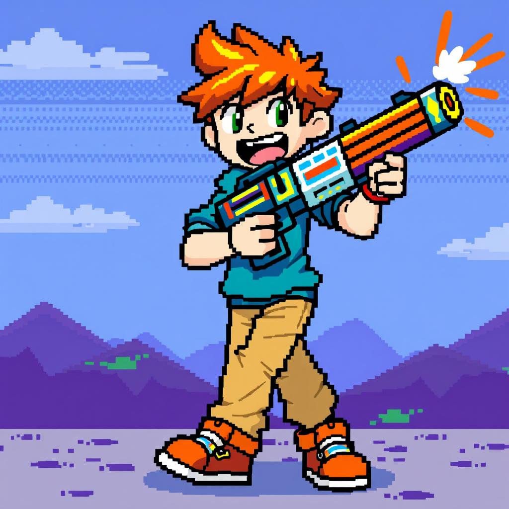 An engaging pixel art scene of a character holding a pixelated gun