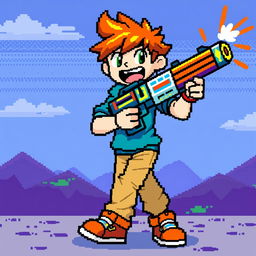 An engaging pixel art scene of a character holding a pixelated gun