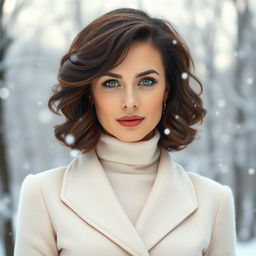 A 35-year-old woman with dark chestnut shoulder-length hair styled in soft curls, striking green eyes, and fair radiant skin