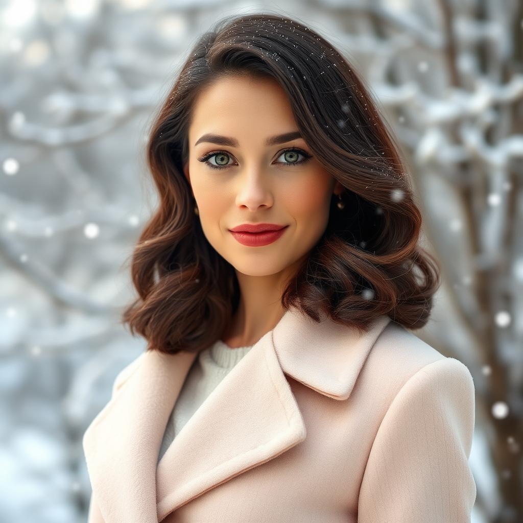 A 35-year-old woman with dark chestnut shoulder-length hair styled in soft curls, striking green eyes, and fair radiant skin