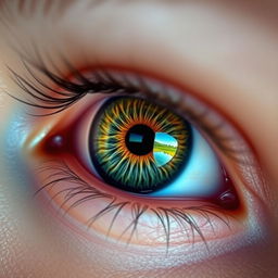 An extremely detailed close-up of a human eye featuring vibrant colors, intricate patterns in the iris, and a glimmering reflection of a serene nature scene visible in the pupil