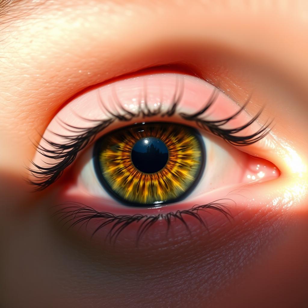 An extremely detailed close-up of a human eye featuring vibrant colors, intricate patterns in the iris, and a glimmering reflection of a serene nature scene visible in the pupil