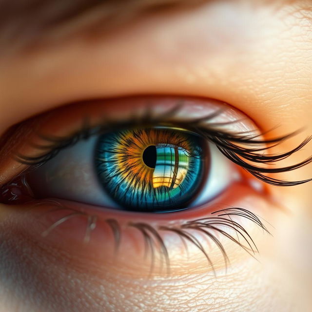 An extremely detailed close-up of a human eye featuring vibrant colors, intricate patterns in the iris, and a glimmering reflection of a serene nature scene visible in the pupil