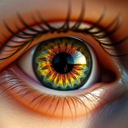 An extremely detailed close-up of a human eye featuring vibrant colors, intricate patterns in the iris, and a glimmering reflection of a serene nature scene visible in the pupil