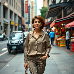 A beautiful Colombian woman aged between 40 and 45, with a fashionable hairstyle, walking confidently through a city