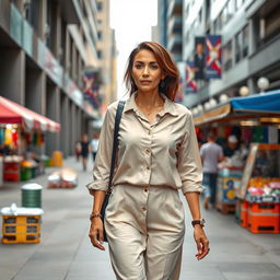 A beautiful Colombian woman aged between 40 and 45, with a fashionable hairstyle, walking confidently through a city