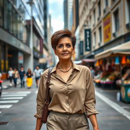 A beautiful Colombian woman aged between 40 and 45, with a fashionable hairstyle, walking confidently through a city