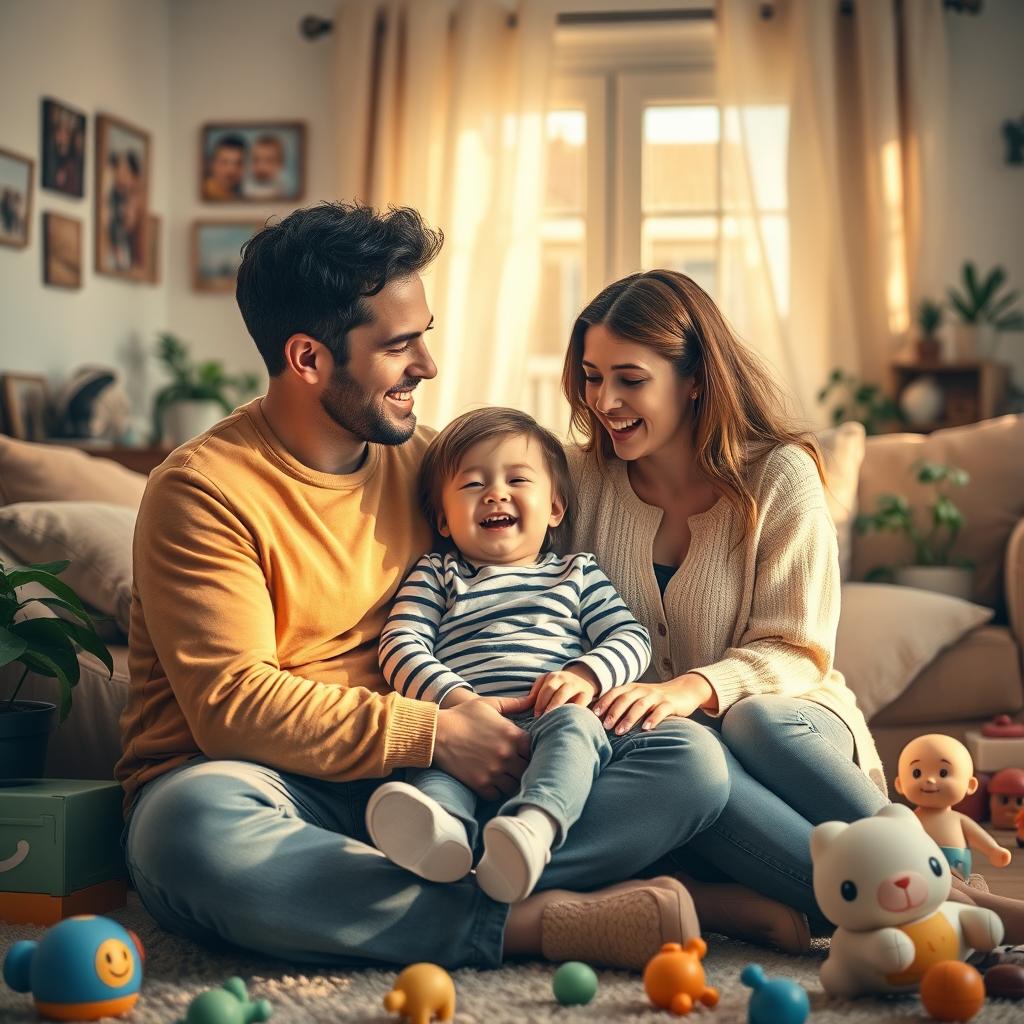 A touching scene depicting a heartfelt moment between a man, a woman, and their 2-year-old son