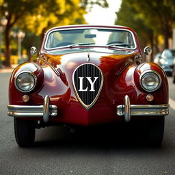 A classic car featuring an elegant design, prominently displaying a flat version of the 'LY' logo on the front