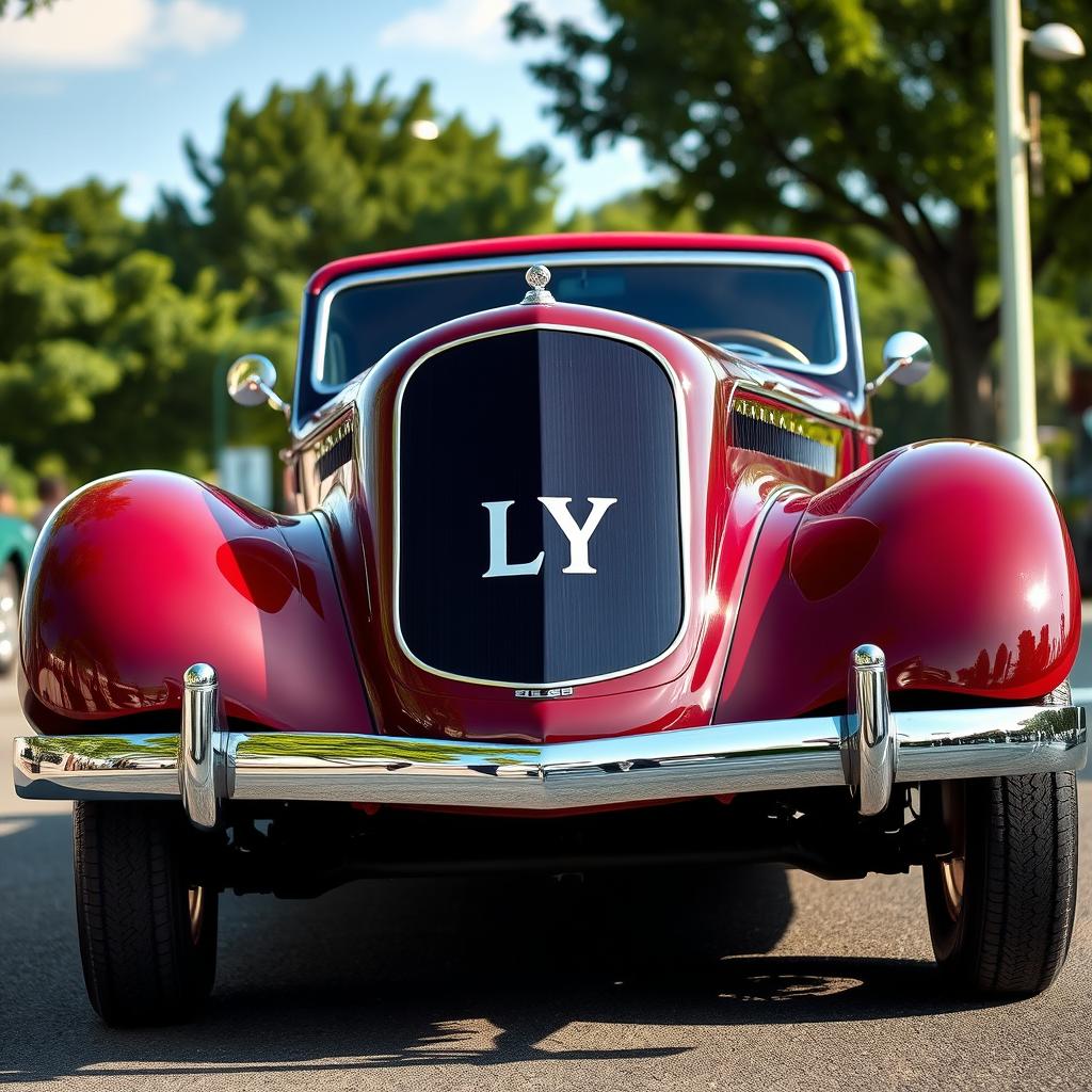 A classic car featuring an elegant design, prominently displaying a flat version of the 'LY' logo on the front