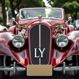 A classic car featuring an elegant design, prominently displaying a flat version of the 'LY' logo on the front