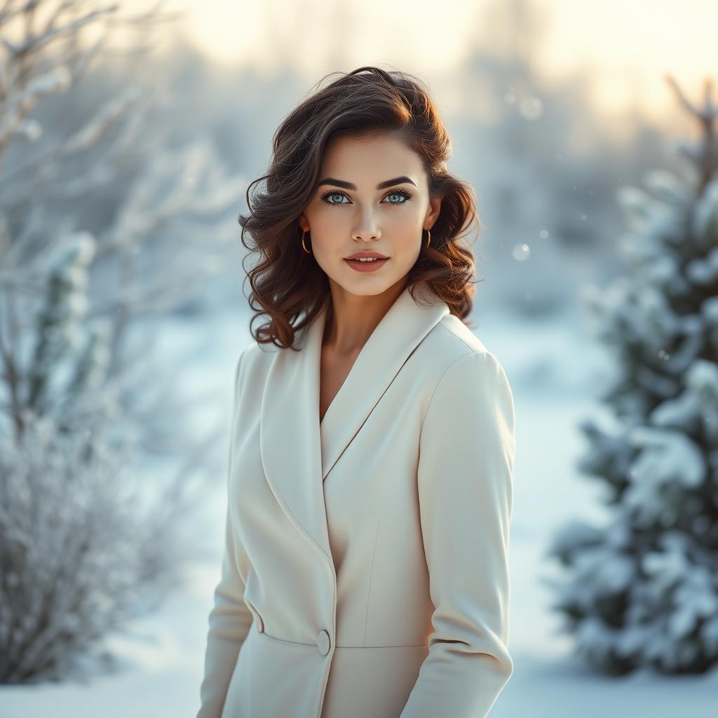 A 35-year-old woman with dark chestnut, shoulder-length curly hair, striking green eyes, and fair glowing skin