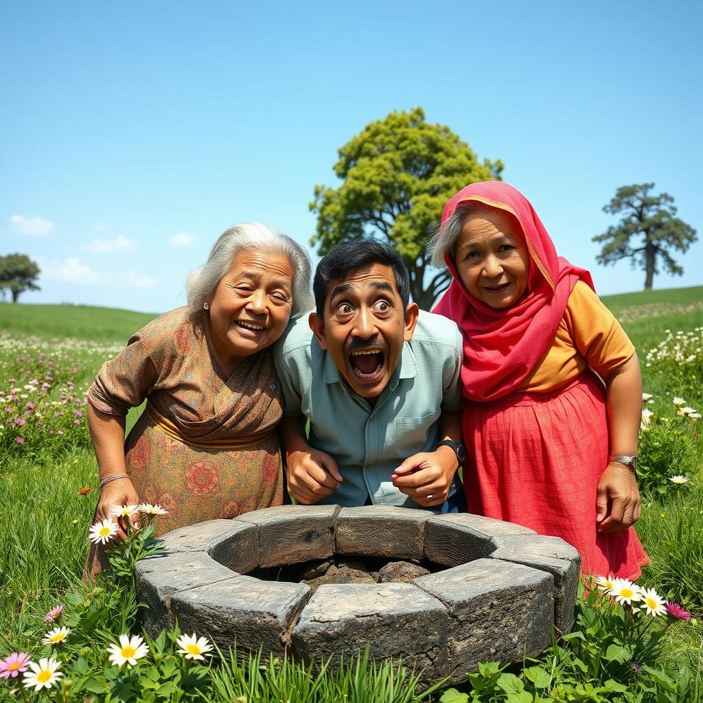 Two elderly women, with joyful expressions, dressed in traditional colorful clothing, standing beside a scared man