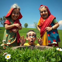 Two elderly women, with joyful expressions, dressed in traditional colorful clothing, standing beside a scared man